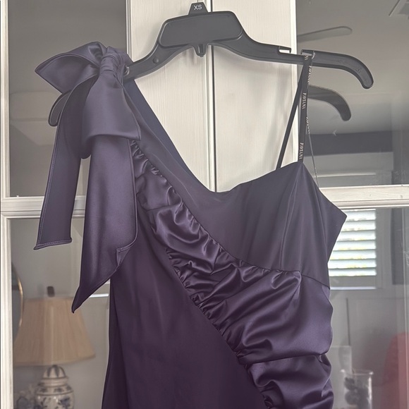 Faviana Blue One Shoulder bow Ruffled Gown - Picture 3 of 4